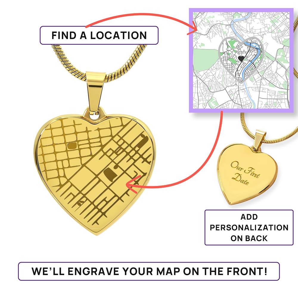 Custom map heart necklace with personalised location design