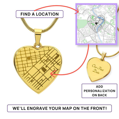 Custom map heart necklace with personalised location design