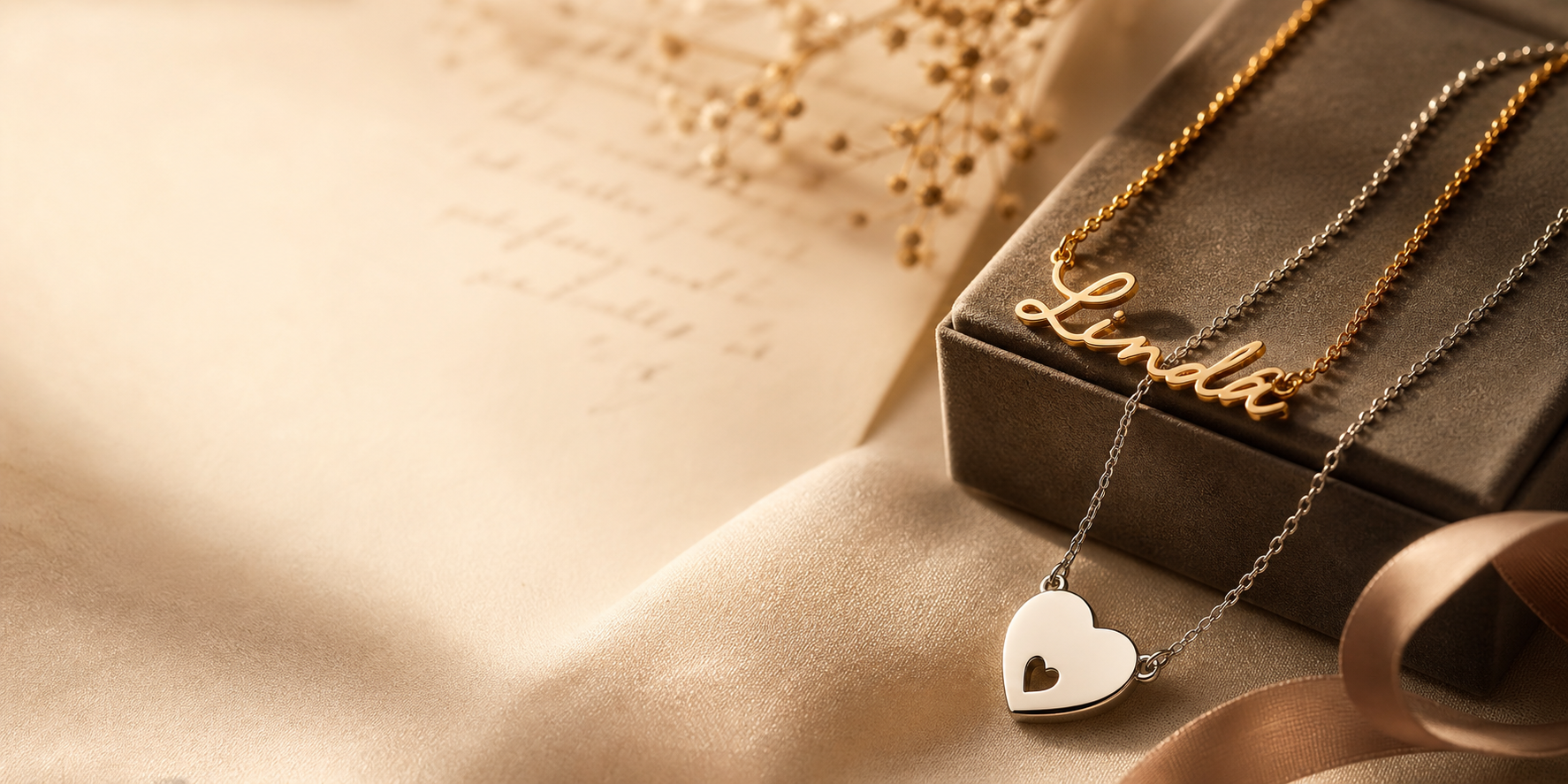 Personalised necklace jewellery arranged as a meaningful gift